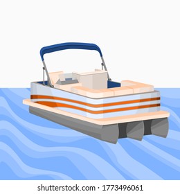 Editable Empty Semi Top Three-Quarter Oblique Front View Detailed American Pontoon Boat on a Wavy Lake Vector Illustration for Transportation or Recreation Related Design