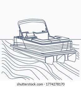 Editable Empty  Semi Top Three-Quarter Oblique Front View American Pontoon Boat on a Wavy Lake Vector Illustration in Outline Style for Transportation or Recreation Related Design