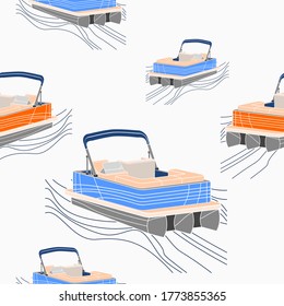 Editable Empty Three-Quarter Semi Top Oblique Front View American Pontoon Boat on Wavy Lake Vector Illustration Seamless Pattern for Creating Background of Transportation or Recreation Related Design