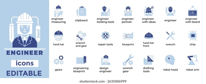 Iconos de línea de ingeniería editables con herramientas, innovación y diseño técnico. Ideal para App, Web y efectos visuales de la industria.