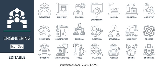 Editable engineering line icon set. Includes mechanical, robotics, architecture, chemical, factory, and construction symbols. Perfect for web, apps,  and print.