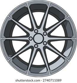 Editable EPS alloy wheel vector illustration with modern styling and refined metal gradients. Suitable for motorsport themes and car enthusiast projects.