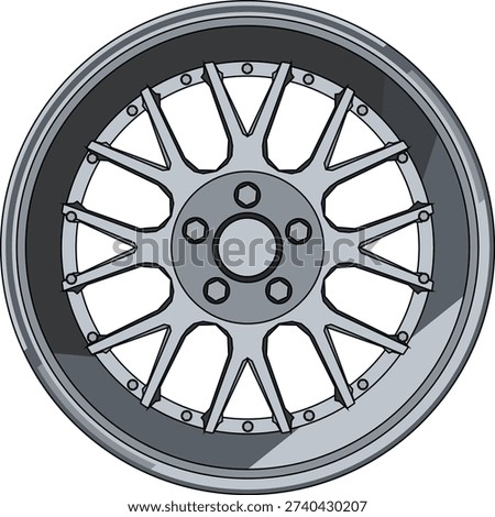 Editable EPS alloy wheel vector illustration with crisp lines and professional finishing. Ideal for car modification themes, racing concepts, automotive apparel, and promotional materials.