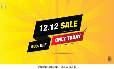 Editable EPS banner design for your business: 12 to 12 Sale, Only Today! with 50% off. Features bold black-red shapes on a vibrant yellow orange gradient background. Eye-catching and professional