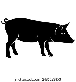 Editable EPS format monochrome vector illustration with pig silhouette isolated on white background. Pork or pig or swine or hog side view design, logo, icon, Sign etc.