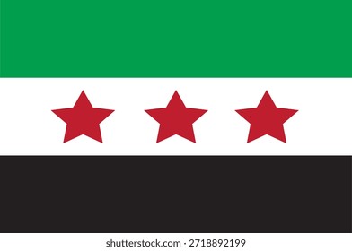 Ilustración vectorial EPS editable de la bandera nacional de Siria. El diseño presenta rayas Horizontales rojas, blancas y negras con dos estrellas verdes centradas en la banda blanca. Vector totalmente escalable y de alta calidad apto para impresión, Diseño web, infografía, educación, geografía, contenido político y proyectos internacionales.