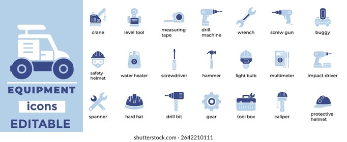 Editable equipment vector icons for industrial, mechanical, and construction use. Clean, modern, and industry-ready visuals.