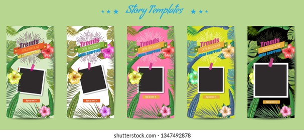 Editable Exotic or tropical story template pack. Social media frames layouts for summer sale concept. Vector illustration.