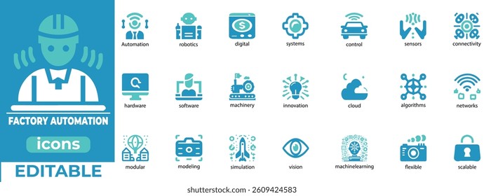 Editable factory automation vector set with robots, machinery and AI icons perfect for digital, print, tech, and industry use
