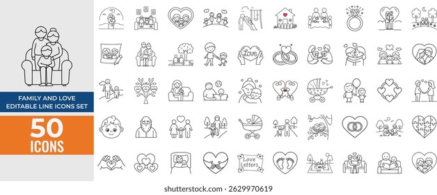 Editable Family and Love Line Icons Set. Vector Illustrations of Relationships, LGBTQ+ Couples, Family Members and Love Symbols in Thin Line Style