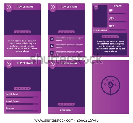 Editable Fantasy RPG Game Card Templates with flat purple color for Player Profile, Character Stats, and Role Information UI Design for Trading Card and Board Games