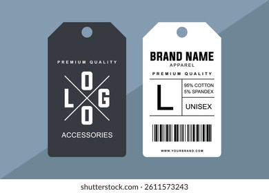 Editable Fashion Hang Tag Template. Customizable Unisex Clothing Label with Barcode and Size Details