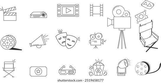 Editable Film icon doddle set, movies drawing collection for background and pattern design,motion picture drawing pack.