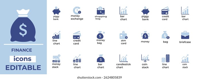 Editable finance vector icons for banking, investment, and fintech—clean, modern design ideal for apps, web, and infographics