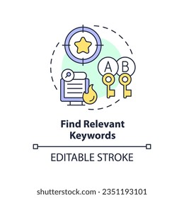 Editable find relevant keywords icon concept, isolated vector, AI for SEO thin line illustration.