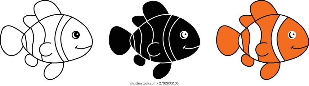 Ícone de peixe editável definir contorno, silhueta e design plano. Vetor da arte da linha do desenho da mão no fundo branco.