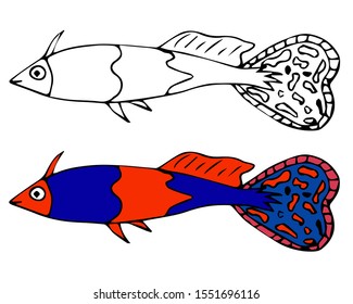 Editable fish symbol icon color, colorful fish template. Vector doodle.