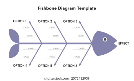 Editable Fishbone Diagram Template for Problem Analysis with Six Branch Options Vector Illustration