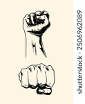 editable fist art vector black and white, clenched, hits. editable vector art the fist of hand black and white artwork anatomy of hand, freedom hand, rebellion, detailed hand template Raise