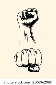 editable fist art vector black and white, clenched, hits. editable vector art the fist of hand black and white artwork anatomy of hand, freedom hand, rebellion, detailed hand template Raise