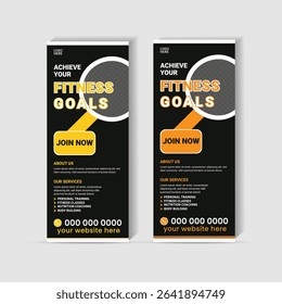 Editable fitness roll-up banner template for gyms, fitness trainers, and health centers. Designed with bold typography and clear sections for services such as personal training and fitness classes