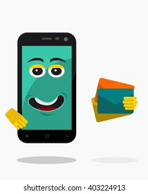 Editable Flat Cartoon Style Vector of Cell Phone Character Holding Envelopes Illustration