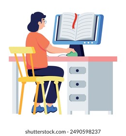 Editable flat illustration depicting online learning 
