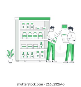 An editable flat illustration of pharmacy rack 

