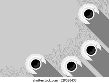 Editable Flat and Long Shadow Paper Stylized Cups of Coffee and Beans Pattern Illustration Design for Text Background