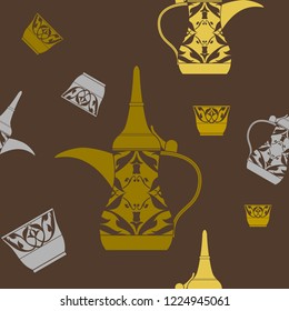 Editable Flat Monochrome Arab Dallah Coffee Pot and Finjan Cup Vector Illustration Seamless Pattern for Creating Background of Middle Eastern Culture Tradition Cafe and Islamic Moments Related Design