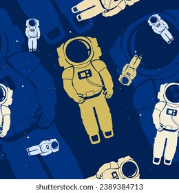 Editable Flat Monochrome Astronaut on Space Vector Illustration with Various Colors of Stars on Sky as Seamless Pattern for Creating Background of Space Science Related Design