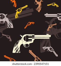 Editable Flat Monochrome Classic Vintage Revolver Gun Vector Illustration Seamless Pattern With Dark Background for Wild Western Culture Design