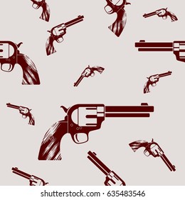 Editable Flat Monochrome Classic Vintage Revolver Gun Vector Illustration Seamless Pattern for Creating Background of Wild Western Culture Design