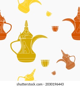 Editable Flat Monochrome Dallah Coffee Pots and Finjan Cups Vector Illustration Seamless Pattern for Creating Background of Arab Culture Tradition Cafe and Islamic Moments Related Design