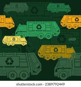 Editable Flat Monochrome Garbage Trucks Vector Illustration in Green and Yellow Color as Seamless Pattern With Dark Background for Green Life and Environment Cleanliness Related Purposes