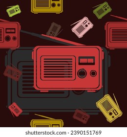 Editable Flat Monochrome Old Classic Vintage Radios Vector Illustration in Various Color as Seamless Pattern With Dark Background for Information Technology or Electronic Related Design