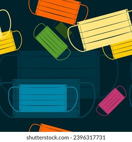 Editable Flat Monochrome Rectangle Medical Masks Vector Illustration in Various Colors as Seamless Pattern With Dark Background for Healthcare and Medical Related Design