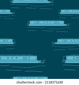 Editable Flat Monochrome Side View Narrow Boat Vector Illustration With Water Waves Dark Seamless Pattern for Creating Background of Transportation or Recreation of United Kingdom or Europe