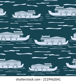 Editable Flat Monochrome Side View Indian Keralan Houseboat Vector Illustration on Calm Lake Dark Seamless Pattern for Creating Background of Recreation or Transportation of Southwestern India