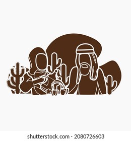 Editable Flat Monochrome Style Arab Lady Pouring Arabic Coffee From Dallah Pot into Cup for Her Husband Vector Illustration for Islamic Moments or Arabian Culture Cafe and Family Related Design