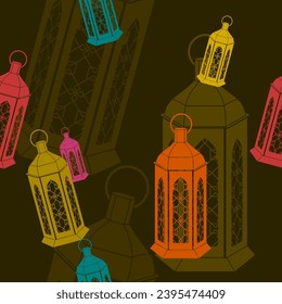 Editable Flat Monochrome Style Arabian Lamps Vector Illustration With Various Colors as Seamless Pattern With Dark Background for Islamic Occasional Theme Such as Ramadan and Eid or Arab Culture