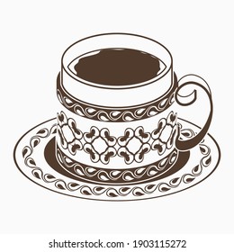 Editable Flat Monochrome Style Isolated Three-Quarter Top View Patterned Turkish Fincan Cup of Coffee on a Saucer Vector Illustration for Cafe and Ottoman Culture Tradition or History Related Design