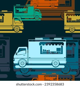 Editable Flat Monochrome Style Mobile Food Truck Vector Illustration in Various Colors as Seamless Pattern With Dark Background for Vehicle or Food and Drink Business Related Design