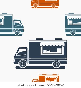 Editable Flat Monochrome Style Mobile Food Truck Vector Illustration in Various Colors as Seamless Pattern for Creating Background of Vehicle or Food and Drink Business Related Design