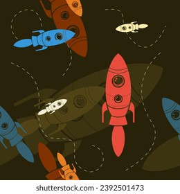 Bearbeitbare, einfarbige, einfarbige Rocket auf Space Vector Illustration in verschiedenen Farben mit gestrichelten Linien als nahtloses Muster mit dunklem Hintergrund für Astronomie- oder Kinderkunstdesign