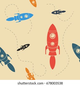 Editable Flat Monochrome Style Rocket on Space Vector Illustration in Various Colors with Dashed Lines as Seamless Pattern for Creating Background of Astronomy or Kids Art Related Design