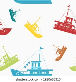 Editable Flat Monochrome Style Side View Ship Vector Illustration in Various Colors as Seamless Pattern for Creating Background of Transportation Vehicle and Historical Education Related Design