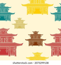 Editable Flat Monochrome Style Three Roofs Traditional Chinese Building Vector Illustration in Various Colors as Seamless Pattern for Creating Background of Oriental History and Culture Related Design