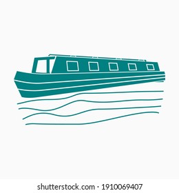 Editable Flat Monochrome Style Three-Quarter Oblique View Narrow Boat on Wavy Water Vector Illustration for Artwork Element of Transportation or Recreation of United Kingdom or Europe Related Design