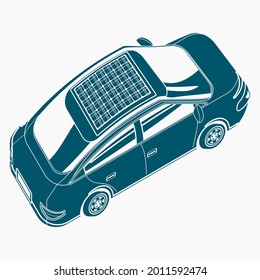 Editable Flat Monochrome Style Three-Quarter Top Oblique Side Back View Electric Car With Solar Panel Vector Illustration for Futuristic Eco-friendly Vehicle and Green Life or Renewable Energy Design